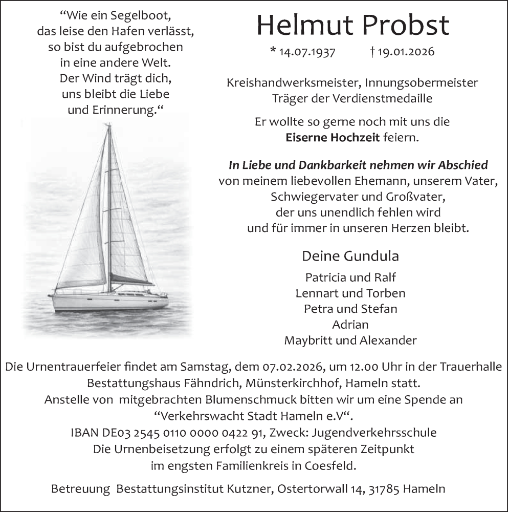  Traueranzeige für Helmut Probst vom 24.01.2026 aus Deister- und Weserzeitung