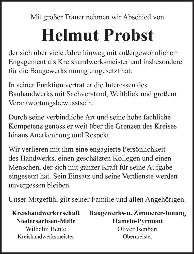  Traueranzeige für Helmut Probst vom 31.01.2026 aus Deister- und Weserzeitung