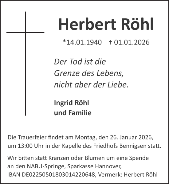 Traueranzeige von Herbert Röhl von Neue Deister-Zeitung