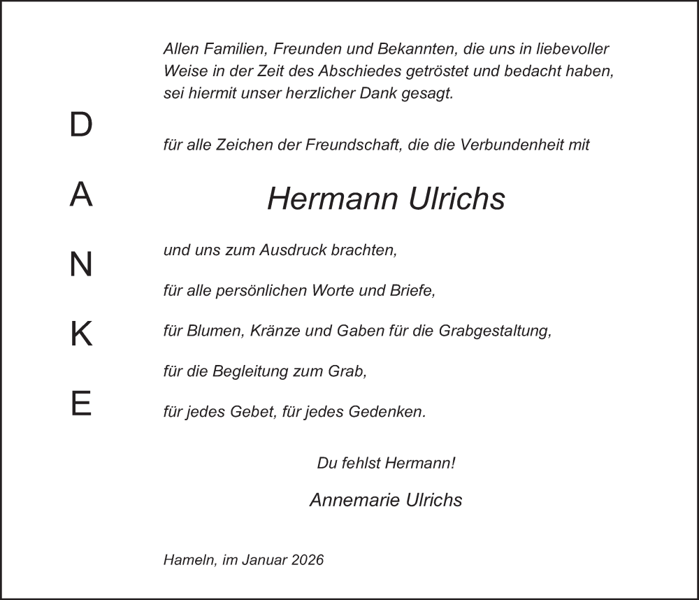 Traueranzeige für Hermann Ulrichs vom 10.01.2026 aus Deister- und Weserzeitung