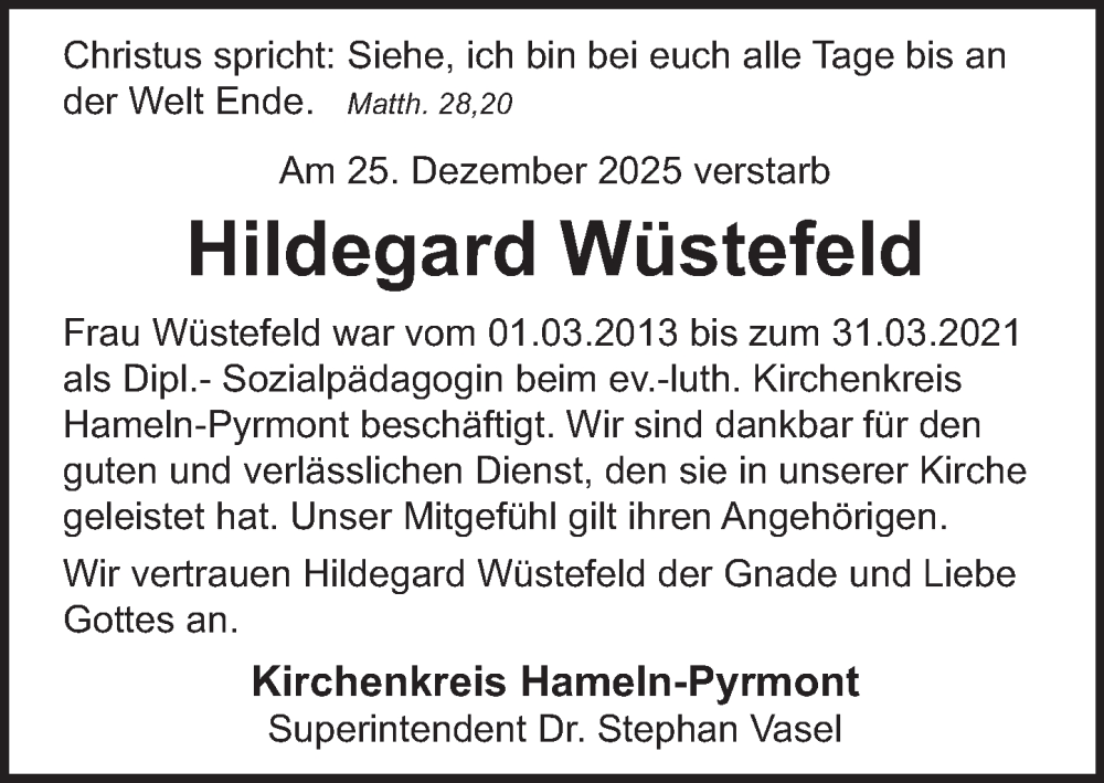  Traueranzeige für Hildegard Wüstefeld vom 17.01.2026 aus Deister- und Weserzeitung