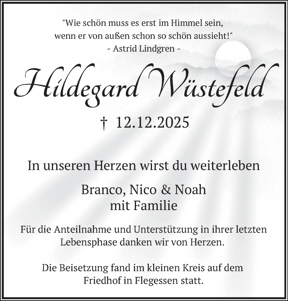  Traueranzeige für Hildegard Wüstefeld vom 10.01.2026 aus Deister- und Weserzeitung