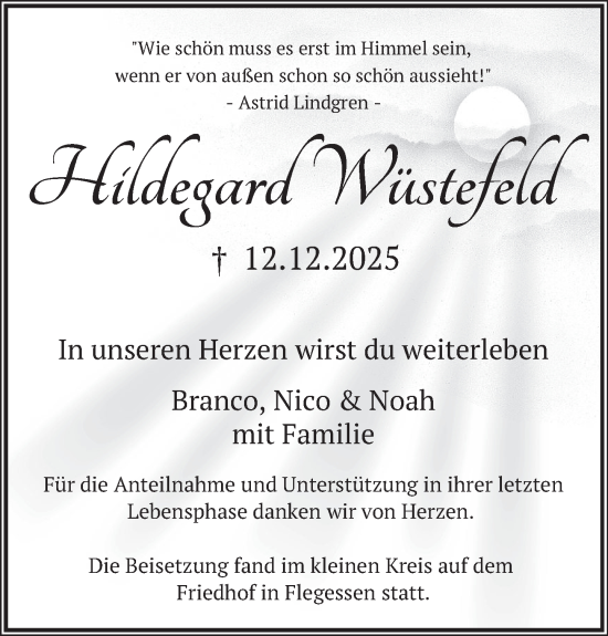 Traueranzeige von Hildegard Wüstefeld von Deister- und Weserzeitung