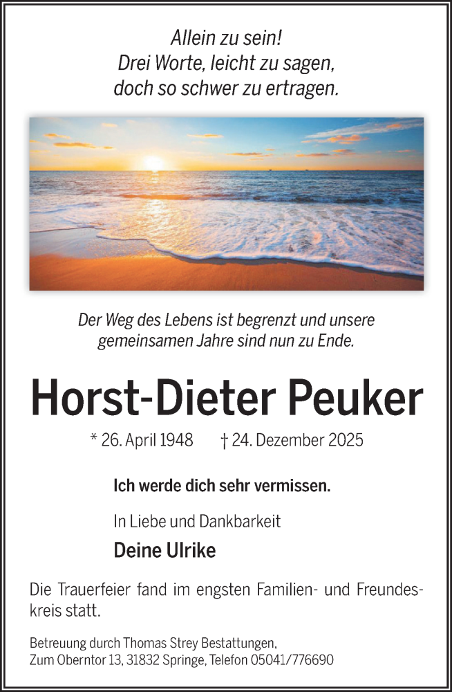  Traueranzeige für Horst-Dieter Peuker vom 24.01.2026 aus Neue Deister-Zeitung