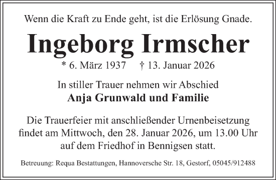 Traueranzeige von Ingeborg Irmscher von Neue Deister-Zeitung