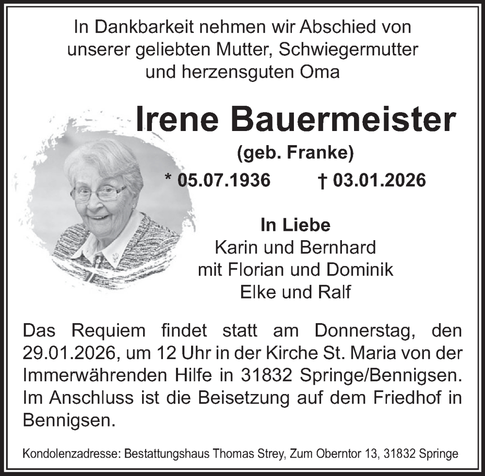  Traueranzeige für Irene Bauermeister vom 24.01.2026 aus Neue Deister-Zeitung