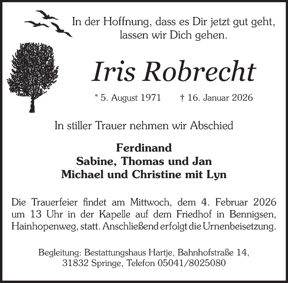  Traueranzeige für Iris Robrecht vom 24.01.2026 aus Neue Deister-Zeitung