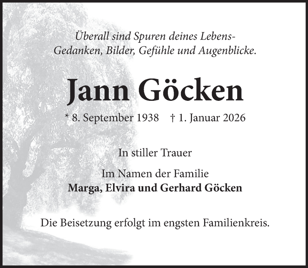  Traueranzeige für Jann Göcken vom 10.01.2026 aus Neue Deister-Zeitung