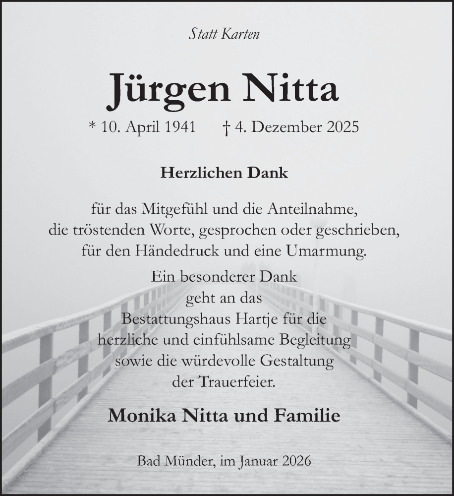  Traueranzeige für Jürgen Nitta vom 10.01.2026 aus Neue Deister-Zeitung
