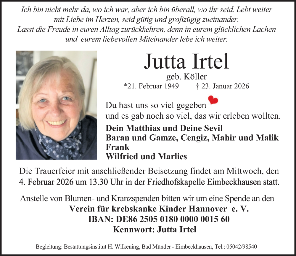  Traueranzeige für Jutta Irtel vom 31.01.2026 aus Deister- und Weserzeitung