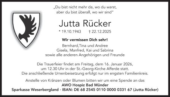 Traueranzeige von Jutta Rücker von Deister- und Weserzeitung