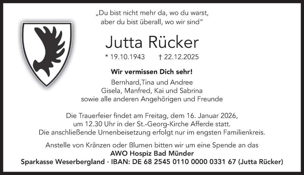  Traueranzeige für Jutta Rücker vom 10.01.2026 aus Deister- und Weserzeitung