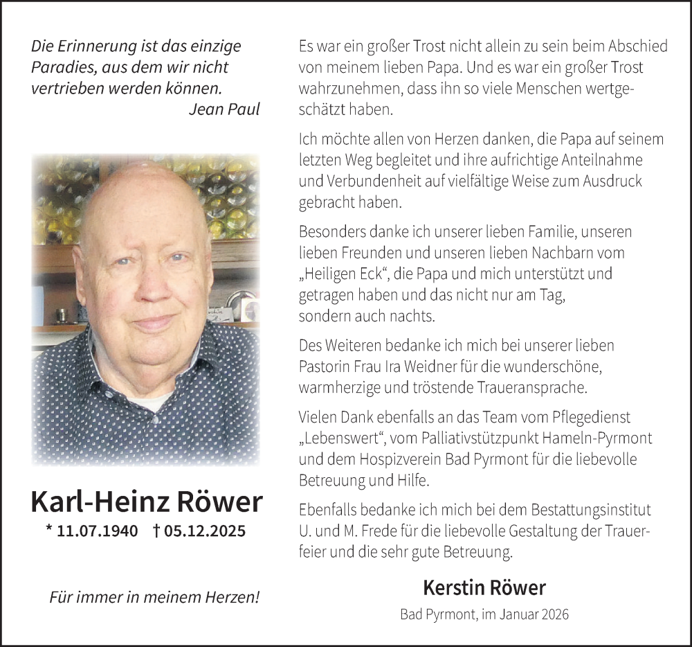  Traueranzeige für Karl-Heinz Röwer vom 10.01.2026 aus Deister- und Weserzeitung