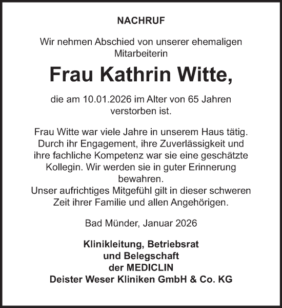 Traueranzeige von Kathrin Witte von Deister- und Weserzeitung