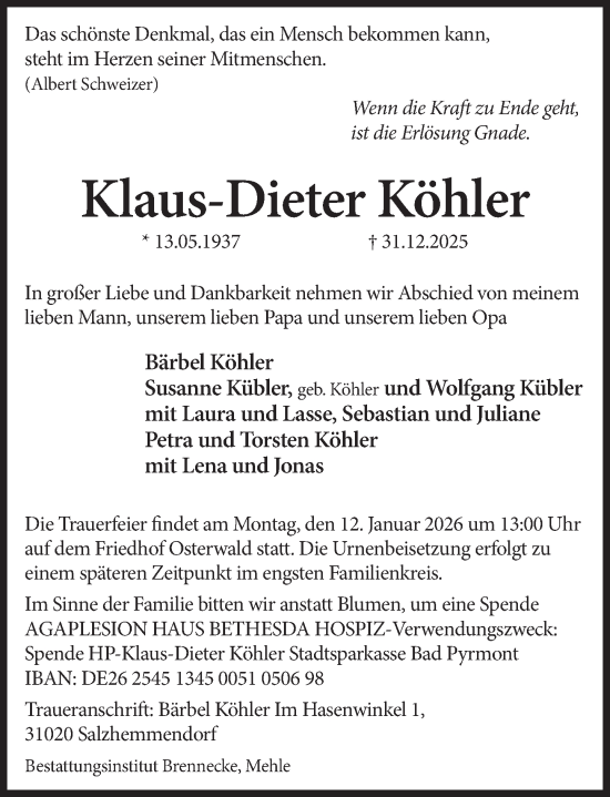 Traueranzeige von Klaus-Dieter Köhler von Deister- und Weserzeitung