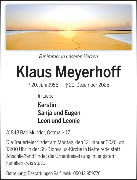 Traueranzeige von Klaus Meyerhoff von Neue Deister-Zeitung