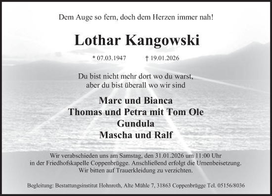 Traueranzeige von Lothar Kangowski von Deister- und Weserzeitung