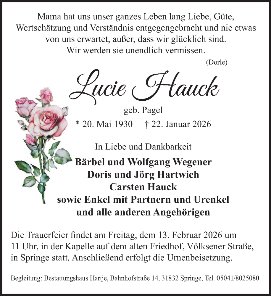  Traueranzeige für Lucie Hauck vom 07.02.2026 aus Neue Deister-Zeitung