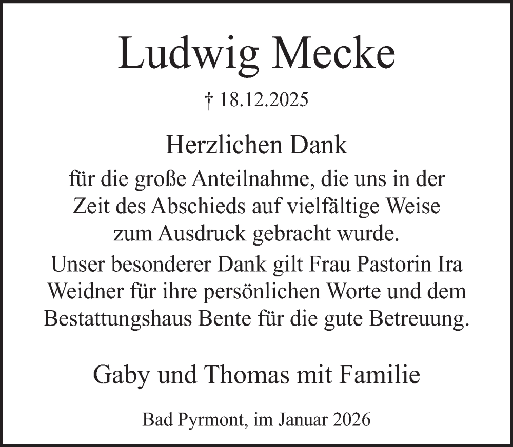  Traueranzeige für Ludwig Mecke vom 24.01.2026 aus Deister- und Weserzeitung