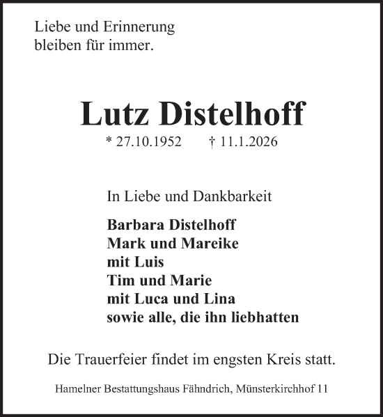 Traueranzeige von Lutz Distelhoff von Deister- und Weserzeitung