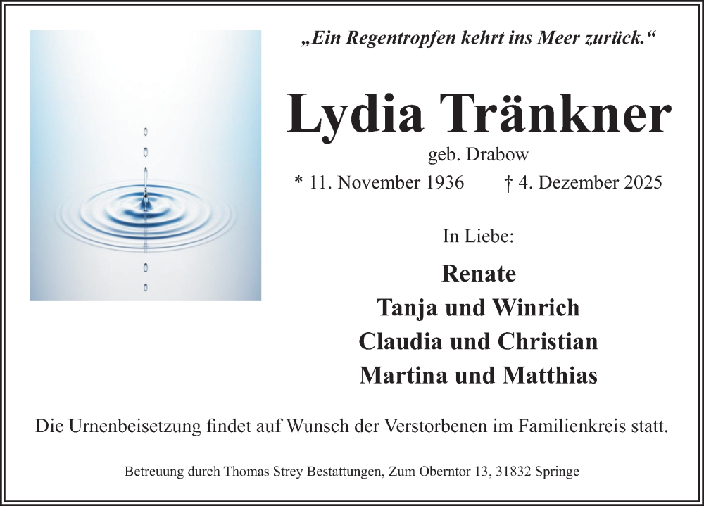 Traueranzeige für Lydia Tränkner vom 17.01.2026 aus Neue Deister-Zeitung