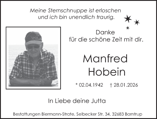Traueranzeige von Manfred Hobein von Deister- und Weserzeitung