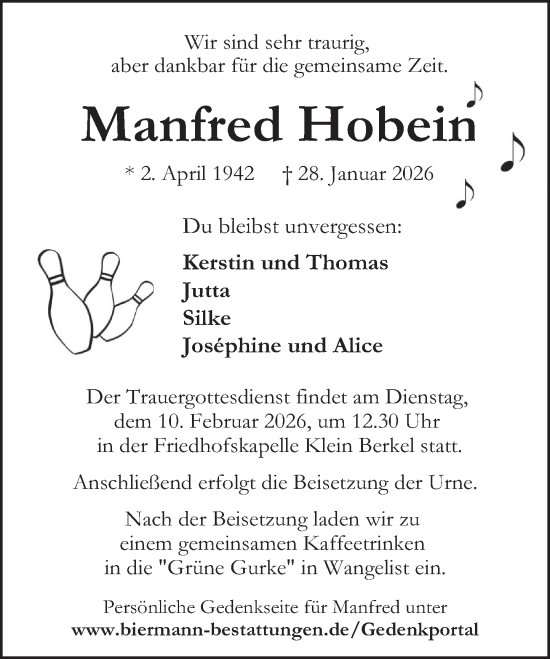Traueranzeige von Manfred Hobein von Deister- und Weserzeitung