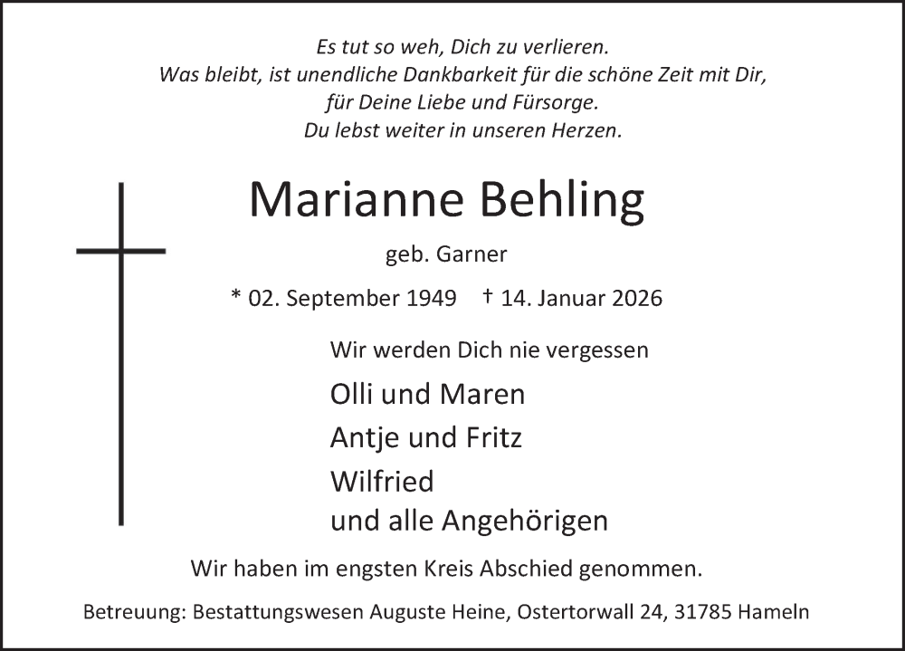  Traueranzeige für Marianne Behling vom 24.01.2026 aus Deister- und Weserzeitung