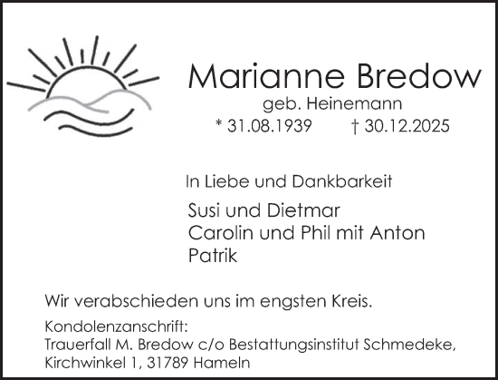 Traueranzeige von Marianne Bredow von Deister- und Weserzeitung