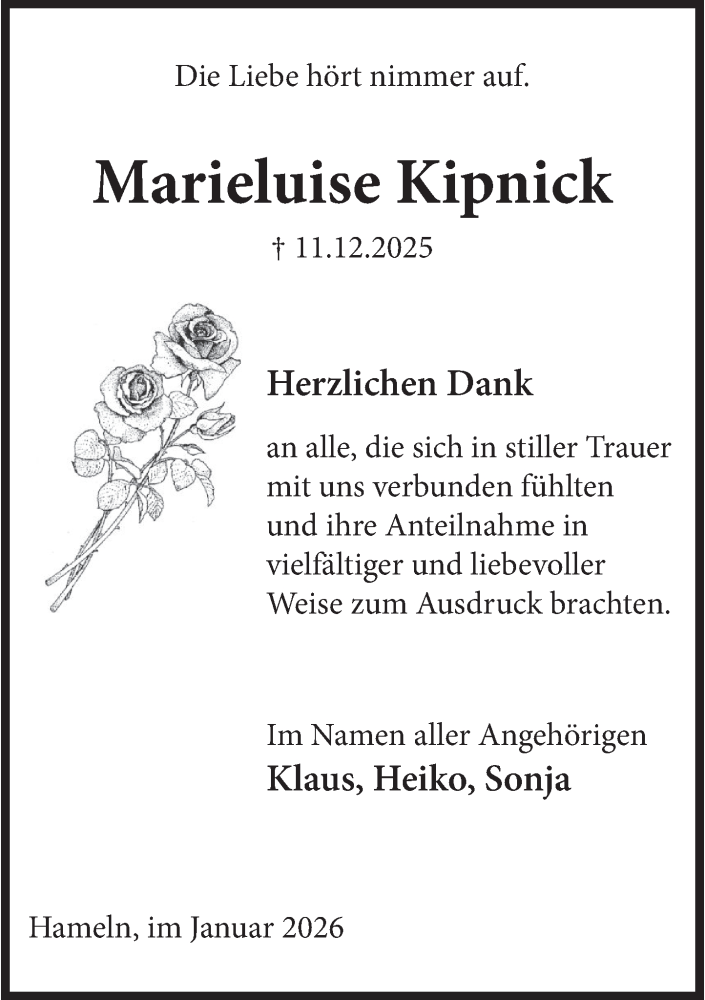 Traueranzeige für Marieluise Kipnick vom 10.01.2026 aus Deister- und Weserzeitung