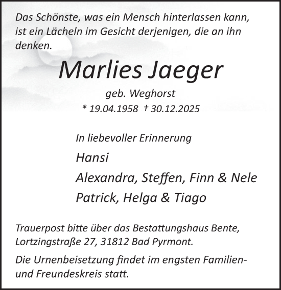 Traueranzeige von Marlies Jaeger von Deister- und Weserzeitung