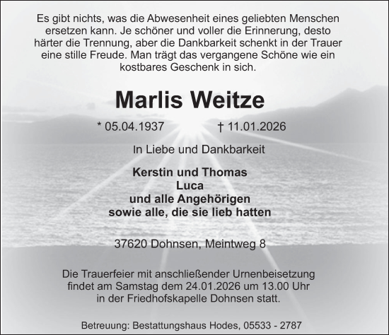 Traueranzeige von Marlis Weitze von Deister- und Weserzeitung