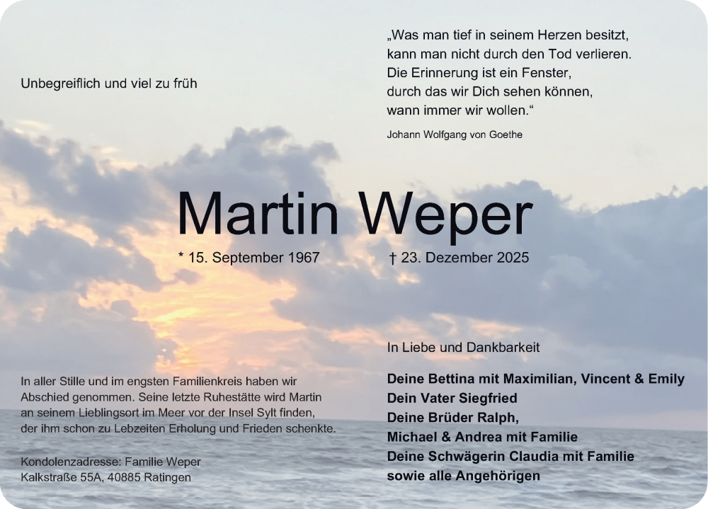  Traueranzeige für Martin Weper vom 10.01.2026 aus Deister- und Weserzeitung