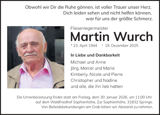 Traueranzeige von Martin Wurch von Neue Deister-Zeitung