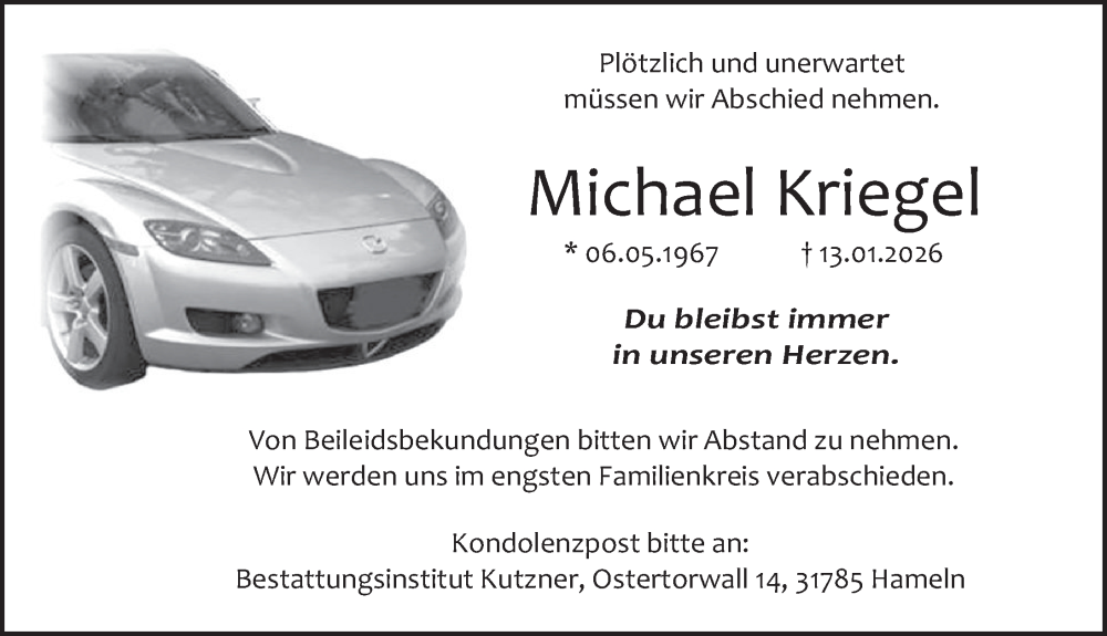  Traueranzeige für Michael Kriegel vom 17.01.2026 aus Deister- und Weserzeitung