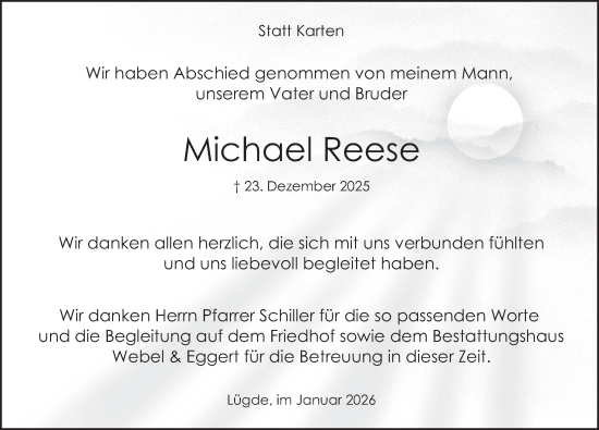 Traueranzeige von Michael Reese von Deister- und Weserzeitung