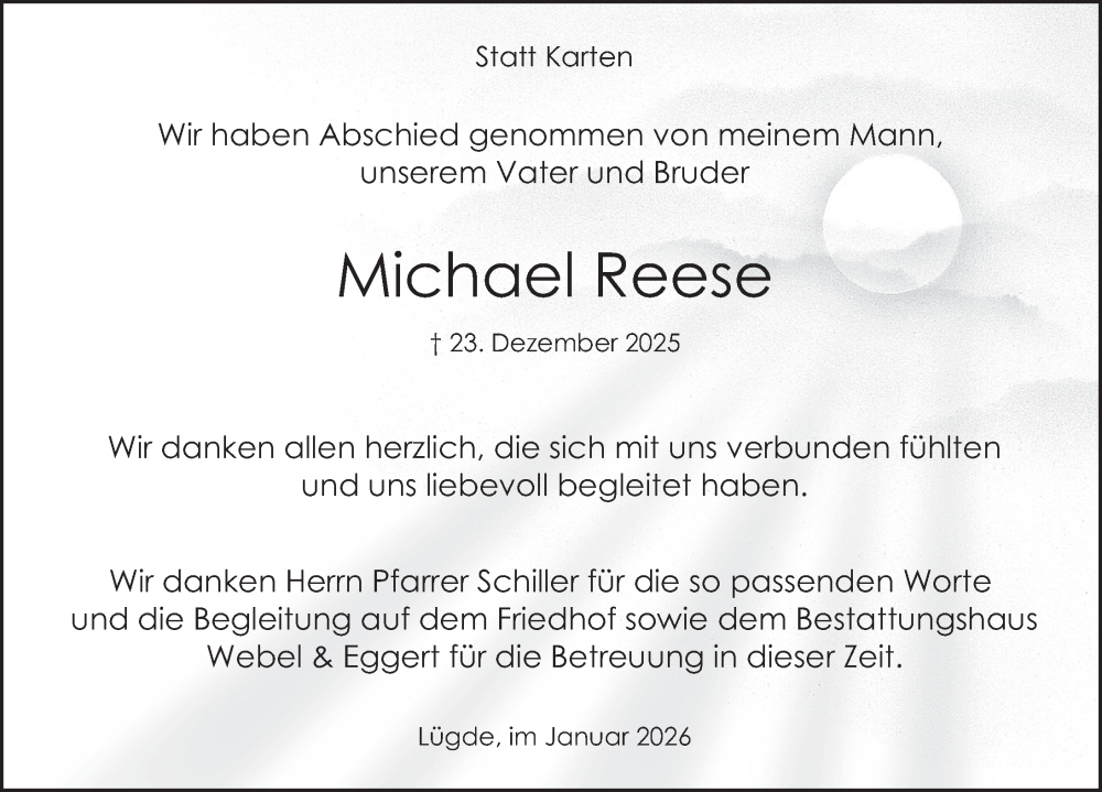  Traueranzeige für Michael Reese vom 31.01.2026 aus Deister- und Weserzeitung
