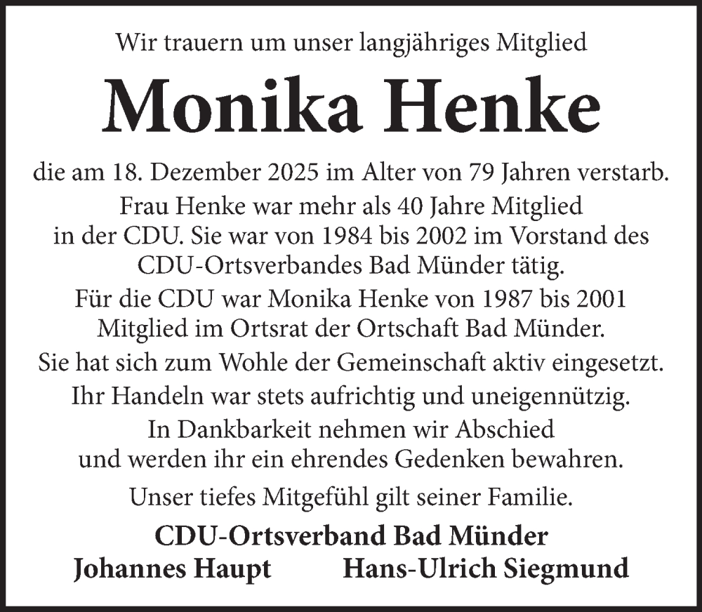  Traueranzeige für Monika Henke vom 10.01.2026 aus Neue Deister-Zeitung