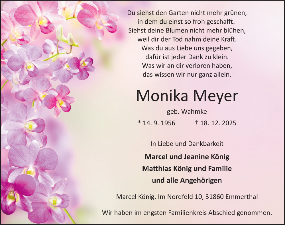  Traueranzeige für Monika Meyer vom 10.01.2026 aus Neue Deister-Zeitung