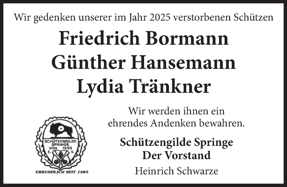  Traueranzeige für Nachruf Schützengilde Springe vom 17.01.2026 aus Neue Deister-Zeitung