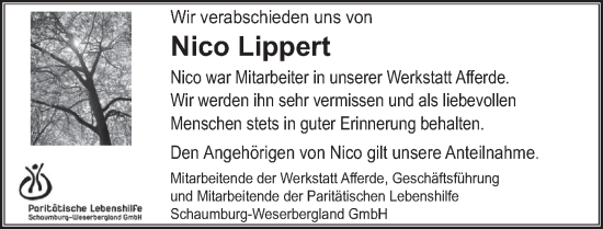 Traueranzeige von Nico Lippert von Deister- und Weserzeitung