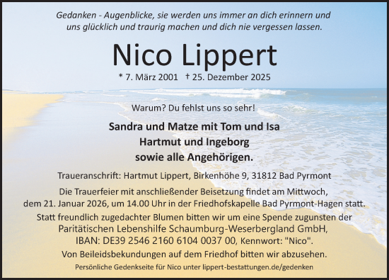 Traueranzeige von Nico Lippert von Deister- und Weserzeitung