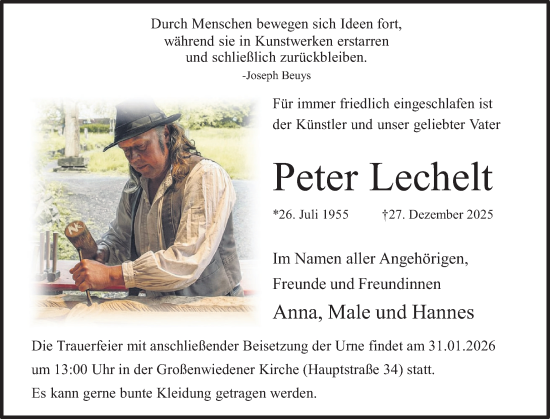 Traueranzeige von Peter Lechelt von Deister- und Weserzeitung