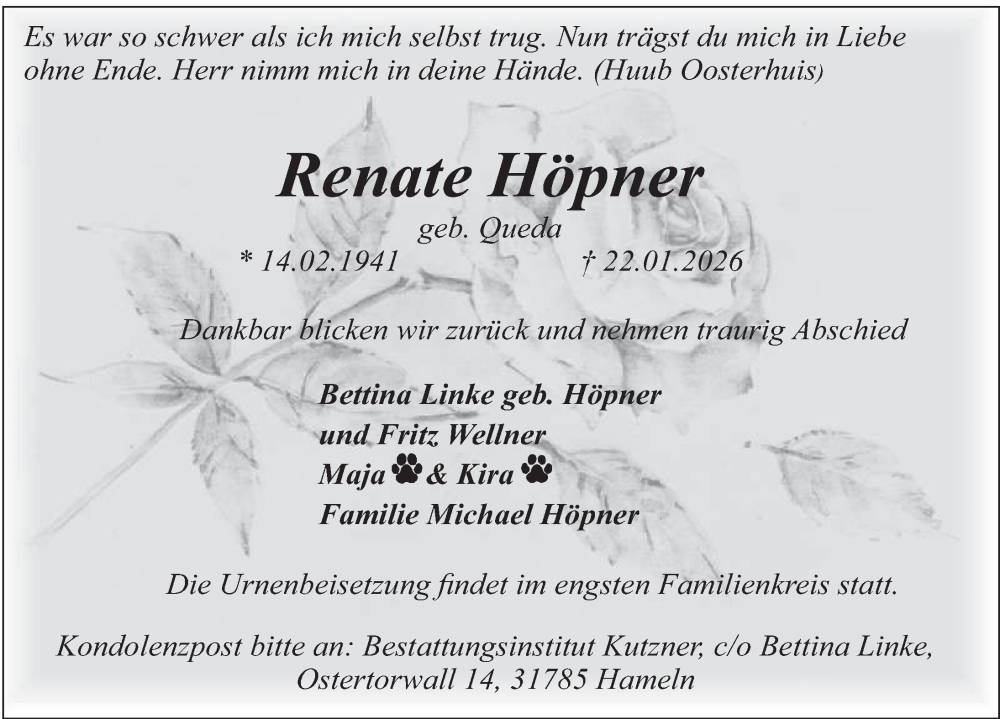  Traueranzeige für Renate Höpner vom 31.01.2026 aus Deister- und Weserzeitung
