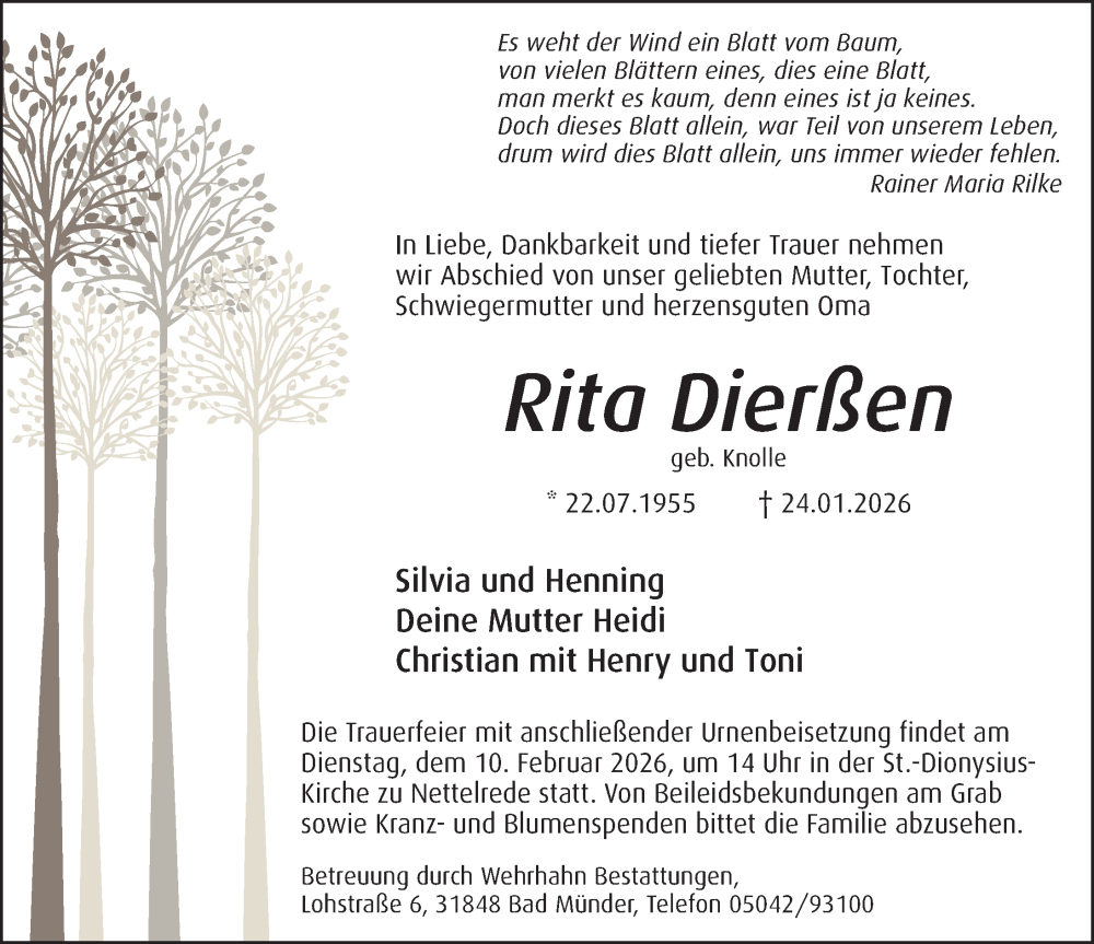  Traueranzeige für Rita Dierßen vom 07.02.2026 aus Neue Deister-Zeitung