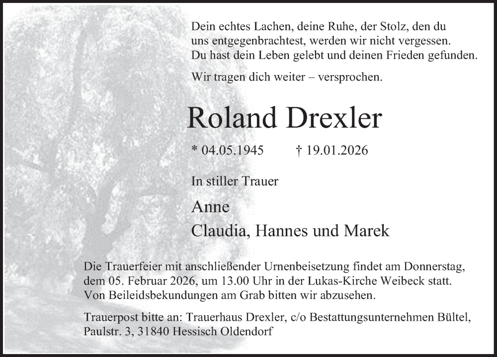  Traueranzeige für Roland Drexler vom 31.01.2026 aus Deister- und Weserzeitung