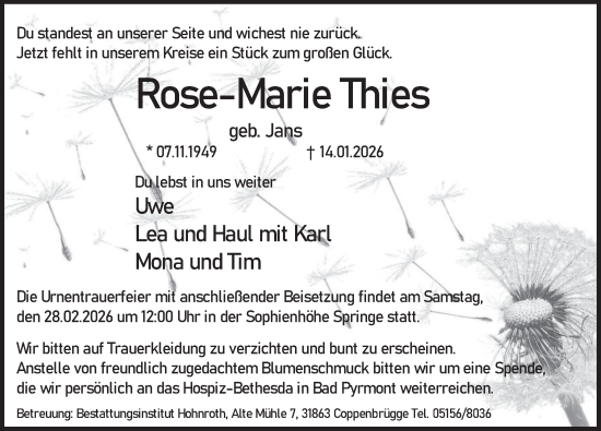 Traueranzeige von Rose-Marie Thies von Deister- und Weserzeitung