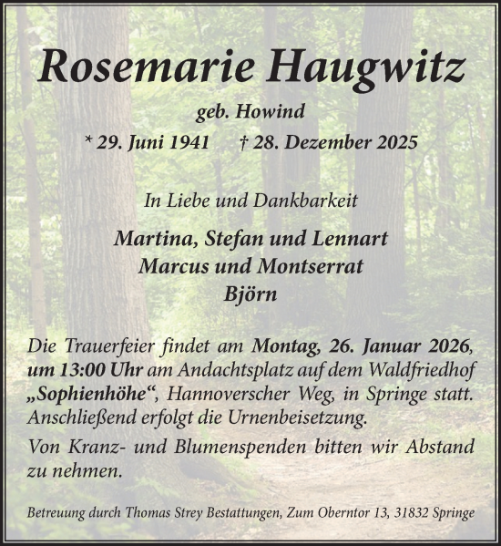 Traueranzeige von Rosemarie Haugwitz von Neue Deister-Zeitung