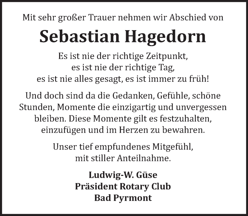  Traueranzeige für Sebastian Hagedorn vom 31.01.2026 aus Deister- und Weserzeitung
