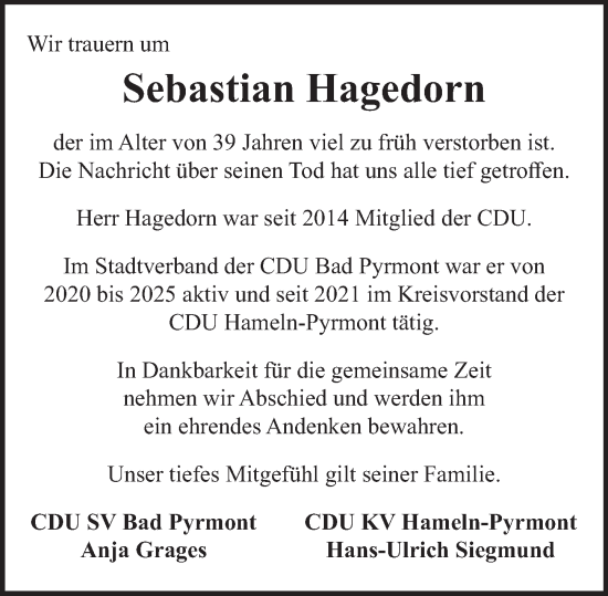 Traueranzeige von Sebastian Hagedorn von Deister- und Weserzeitung